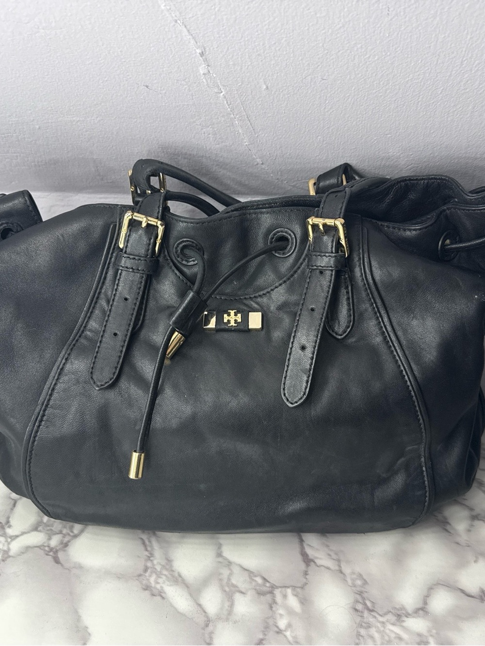 Tory Burch Black Leather Drawstring Shoulder Bag with Gold Hardware